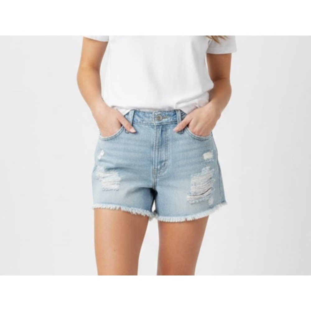 Hollister High Rise Mom Shorts Distressed Denim Light Wash Cutoff Frayed Size 27